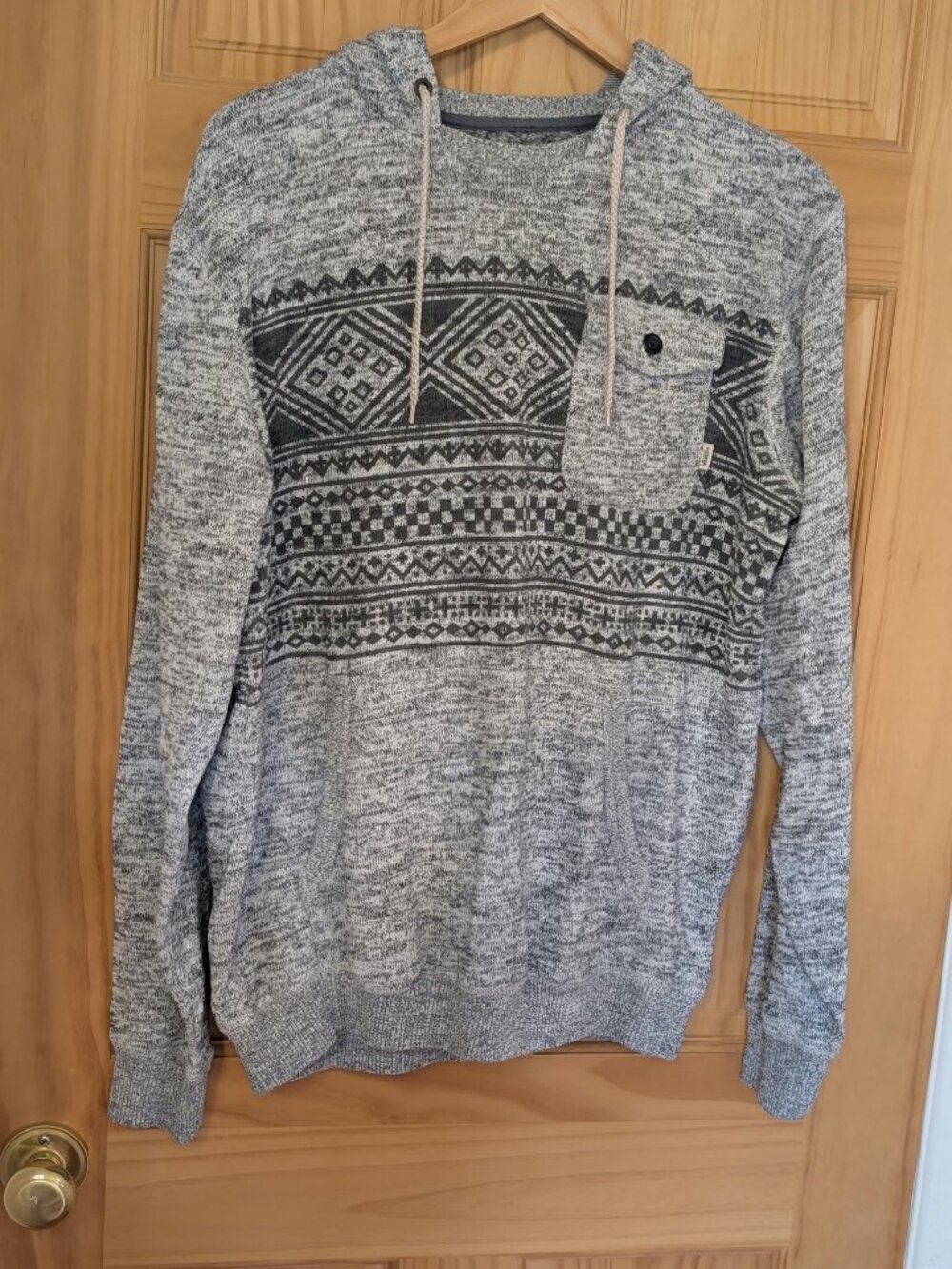 Vans Mens Grey Patterned Knit Hoodie Tribal Drawstring Size M